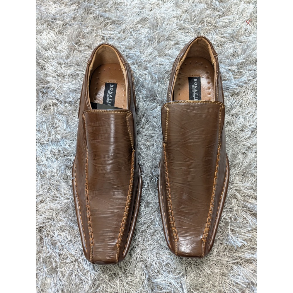 Bonafini Collection Mens Brown Textured Faux Leather Square Toe Loafers Size 9.5